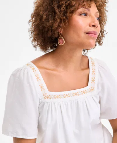Style & Co Women's Cotton Gauze Embroidered-trim Square-neck Midi Dress, Exclusively At Macy's In White