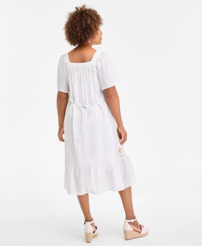 Style & Co Women's Cotton Gauze Embroidered-trim Square-neck Midi Dress, Exclusively At Macy's In White