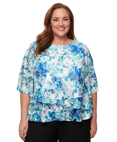 Alex Evenings Plus Size Printed Chiffon 3/4-sleeve Blouse In Blue