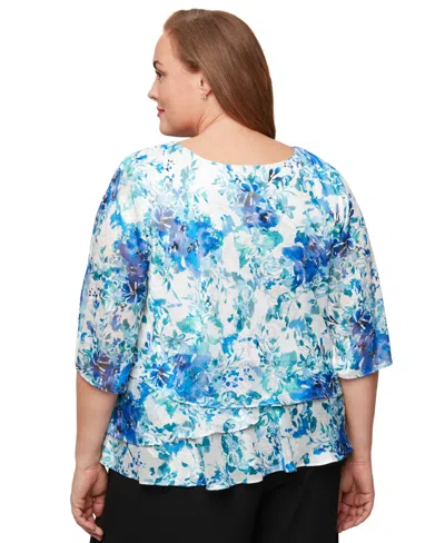 Alex Evenings Plus Size Printed Chiffon 3/4-sleeve Blouse In Blue