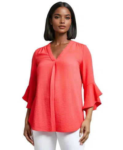 Jones New York Pleated V-neck Flutter Sleeve Top