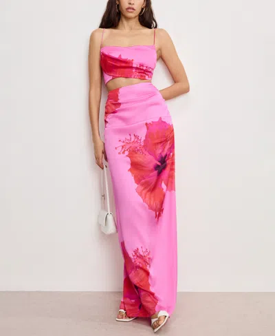 Good American Womens Flower-print Split Stretch-woven Maxi Skirt Pink Hibiscus002