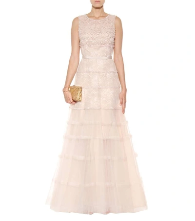 Shop Oscar De La Renta Embellished Lace Gown In Lisque With Gold