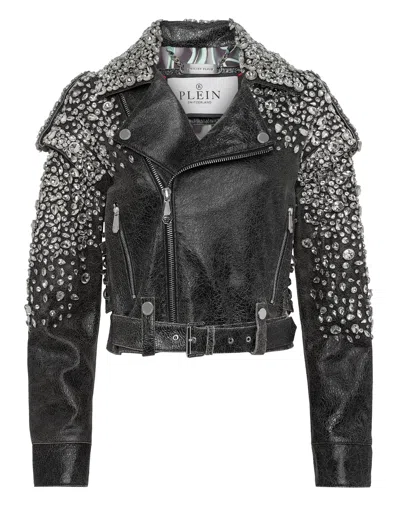 Philipp Plein Leather Cropped Biker Jacket Ls Strass