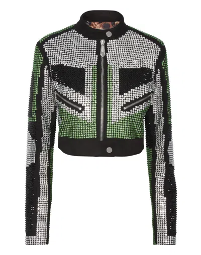 Philipp Plein Cropped Leather Biker Jacket Strass