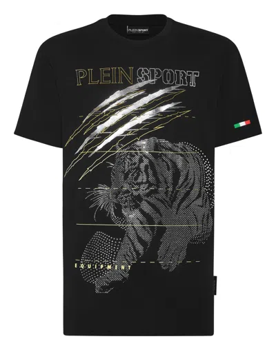 Plein Sport Cotton Dotted Lamina T-shirt Round Neck Ss Tiger In Black