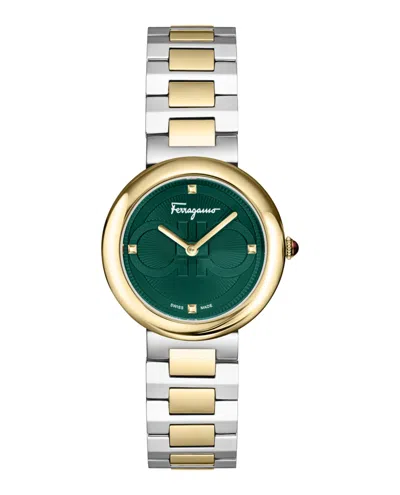 Ferragamo Two-tone Bracelet Watch With Green Guilloche Dial