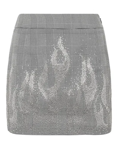 Philipp Plein Checkered Mini Skirt Strass Flame