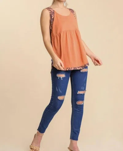Umgee Mixed Print Babydoll Tank Top In Clay