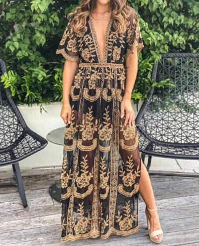 Cloud Ten Bohemian Chic Lace Overlay Maxi Dress In Black/ Multi