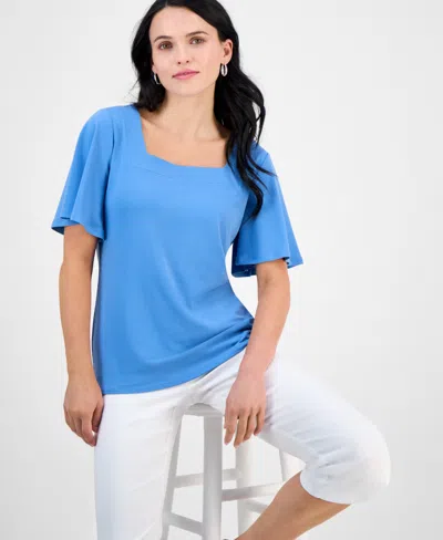 Jm Collection Petite Flutter-sleeve Square-neck Top, Exclusively At Macy's In Blue
