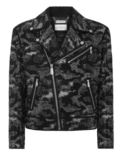 Philipp Plein Strass Leather Biker Jacket Camouflage
