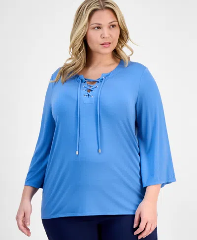 Jm Collection Plus Size Lace-up Split-neck Top, Exclusively At Macy's In Blue