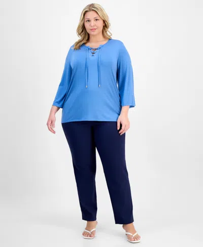 Jm Collection Plus Size Lace-up Split-neck Top, Exclusively At Macy's In Blue