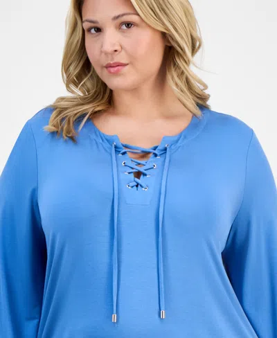 Jm Collection Plus Size Lace-up Split-neck Top, Exclusively At Macy's In Blue