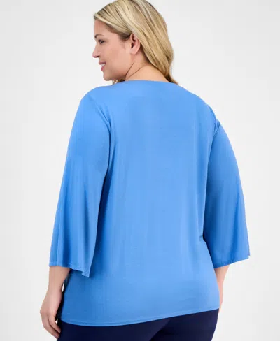 Jm Collection Plus Size Lace-up Split-neck Top, Exclusively At Macy's In Blue