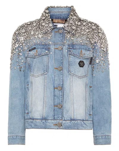 Philipp Plein Crystal Stones Denim Oversize Jacket With Stones