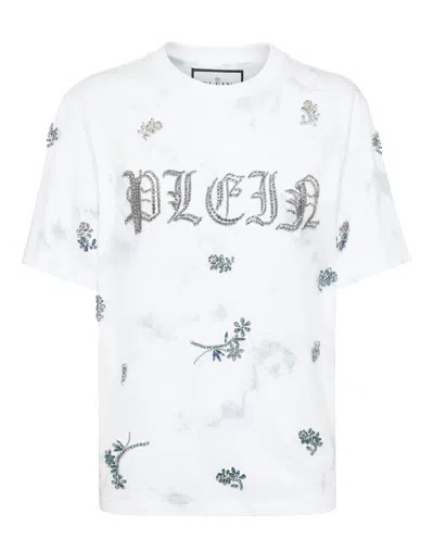Philipp Plein Tie-dye T-shirt Man Fit Round Neck Ss Flowers In Multicolor