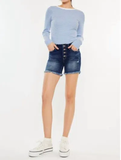 Kancan Mid Rise Button Up Denim Shorts In Dark Wash