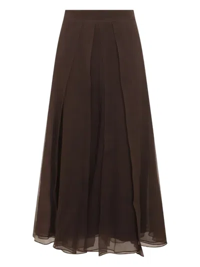 Brunello Cucinelli Flared High-waisted Sheer Overlay Skirt In Brown