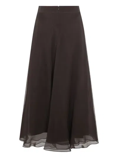 Brunello Cucinelli Flared High-waisted Sheer Overlay Skirt In Brown
