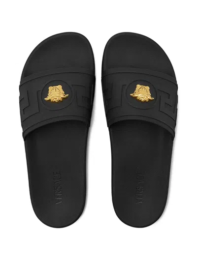 Versace Black Sandals With Medusa Plaque On The Front In Tech Fabric Man In Black