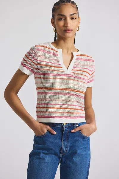Derek Lam Andy Corded Mesh Split Neck Short Sleeve Sweater