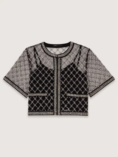 Maje Womens Bead-embroidered Short-sleeve Tulle Top Black