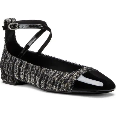 Stuart Weitzman Eden Strap Flat In Black Tweed In Black