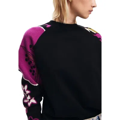 Desigual Floral Sleeve Sweater In Black