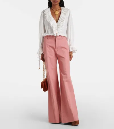 Chloé Pleated High-rise Cotton Flared Pants In Pink