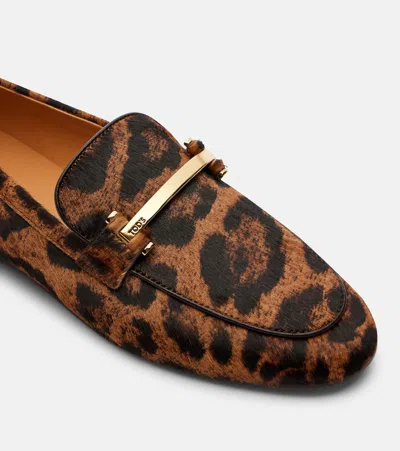 Tod's Brown Loafers With Logo Plaque On The Front And All-over Leopard Motif In Suede Woman
