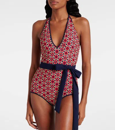 Valentino Printed Belted Swimsuit In Pink