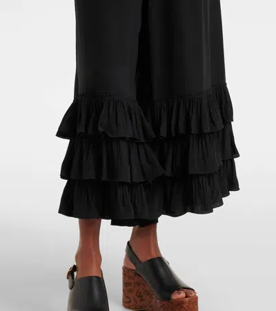 Chloé Wide Leg Trousers Ruffled Hem In Black