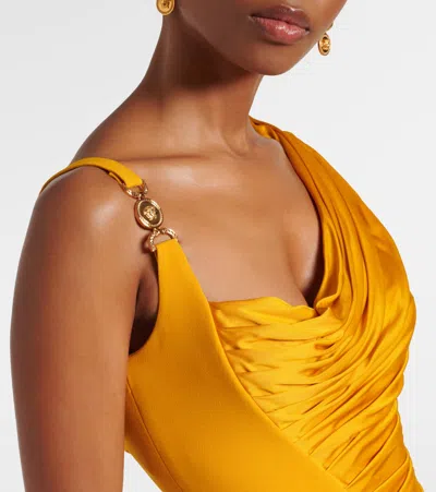 Versace Orange Sleeveless Long Dress With Medusa Plaque On The Front Draping In Yellow