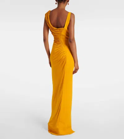 Versace Orange Sleeveless Long Dress With Medusa Plaque On The Front Draping In Yellow