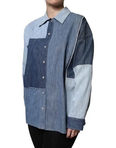 Dolce & Gabbana Blue Cotton Button Up Collared Long Sleeve Women's Top