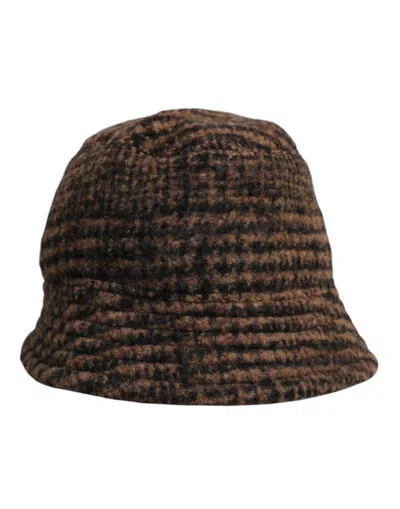 Dolce & Gabbana Brown Houndstooth Wool Woven Bucket Men's Hat