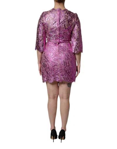 Dolce & Gabbana Metallic Fuchsia Floral Sheath Mini Dress In Pink