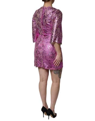 Dolce & Gabbana Metallic Fuchsia Floral Sheath Mini Dress In Pink
