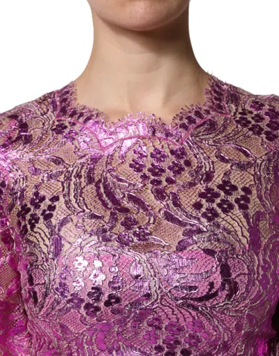 Dolce & Gabbana Metallic Fuchsia Floral Sheath Mini Dress In Pink
