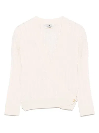 Elisabetta Franchi Beige V-neck Sweater With Side-buttoned Sleeves In Neutral