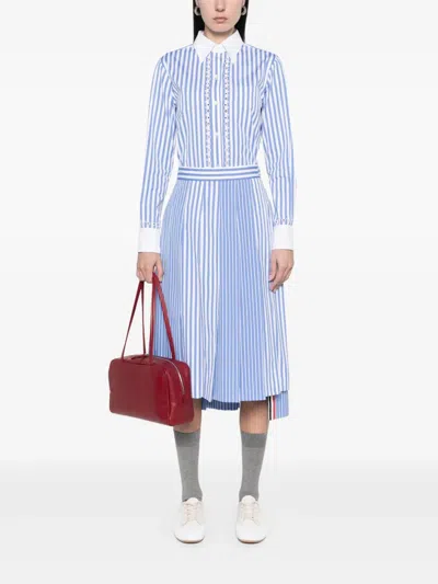 Thom Browne Awning Striped Poplin Funmix Pleated Skirt In Blue