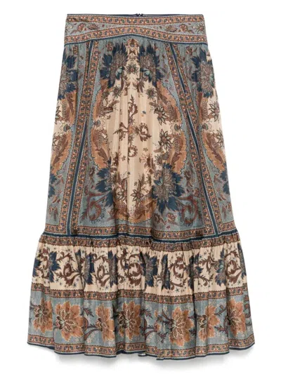Zimmermann Womens Blue Cream Indienne Ascension Tiered Silk Midi Skirt Xs