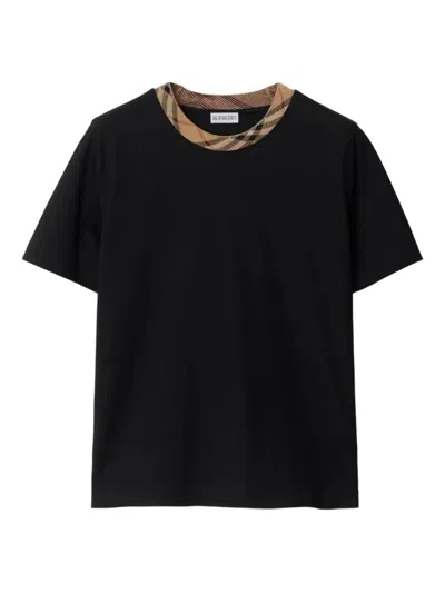 Burberry Black Crewneck T-shirt With Ckeck Motif On The Collar In Cotton Woman
