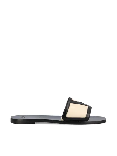 Valentino Butter White And Black Synthetic Slides With Wide Strap