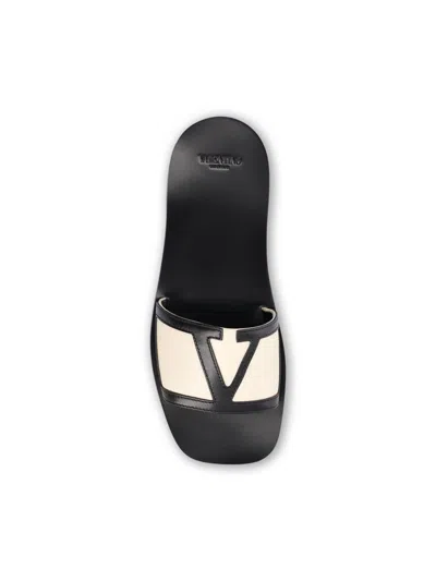 Valentino Butter White And Black Synthetic Slides With Wide Strap