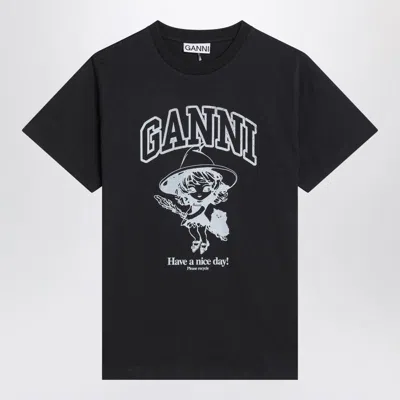Ganni Black Crewneck T-shirt With Maxi Logo Lettering On The Front And Maxi Print On Front And Rear