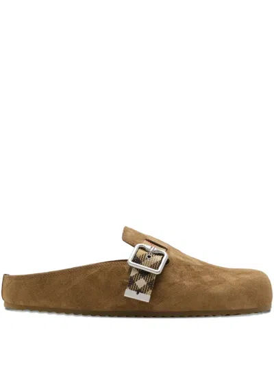 Burberry Suede Slippers With Buckle Detail And Textured Finish In Brown