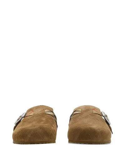 Burberry Suede Slippers With Buckle Detail And Textured Finish In Brown